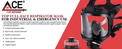 Full-face respirator mask for industrial and emergency use with ACE branding on a red background.