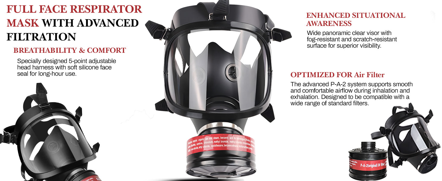 Full face respirator mask with advanced filtration and features highlighted on a white background.