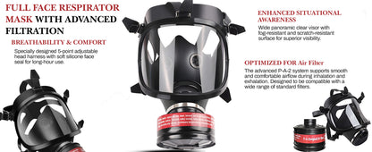 Full face respirator mask with advanced filtration and features highlighted on a white background.