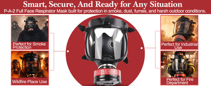 Full face respirator mask with text highlighting its uses in smoke, dust, and industrial environments.