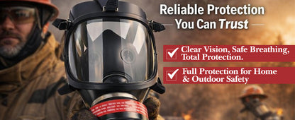 Person wearing a full-face gas mask with text about its features and benefits.