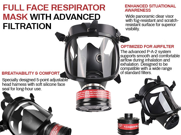 Full face respirator mask with advanced filtration system on a white background
