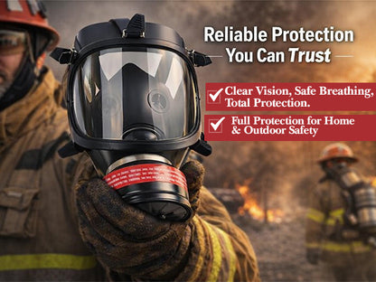 Firefighter wearing a full-face mask with text about reliable protection, clear vision, safe breathing, and total protection.