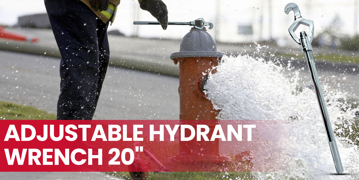 Person using an adjustable hydrant wrench on a fire hydrant with water flowing, text 'Adjustable Hydrant Wrench 20"' displayed.