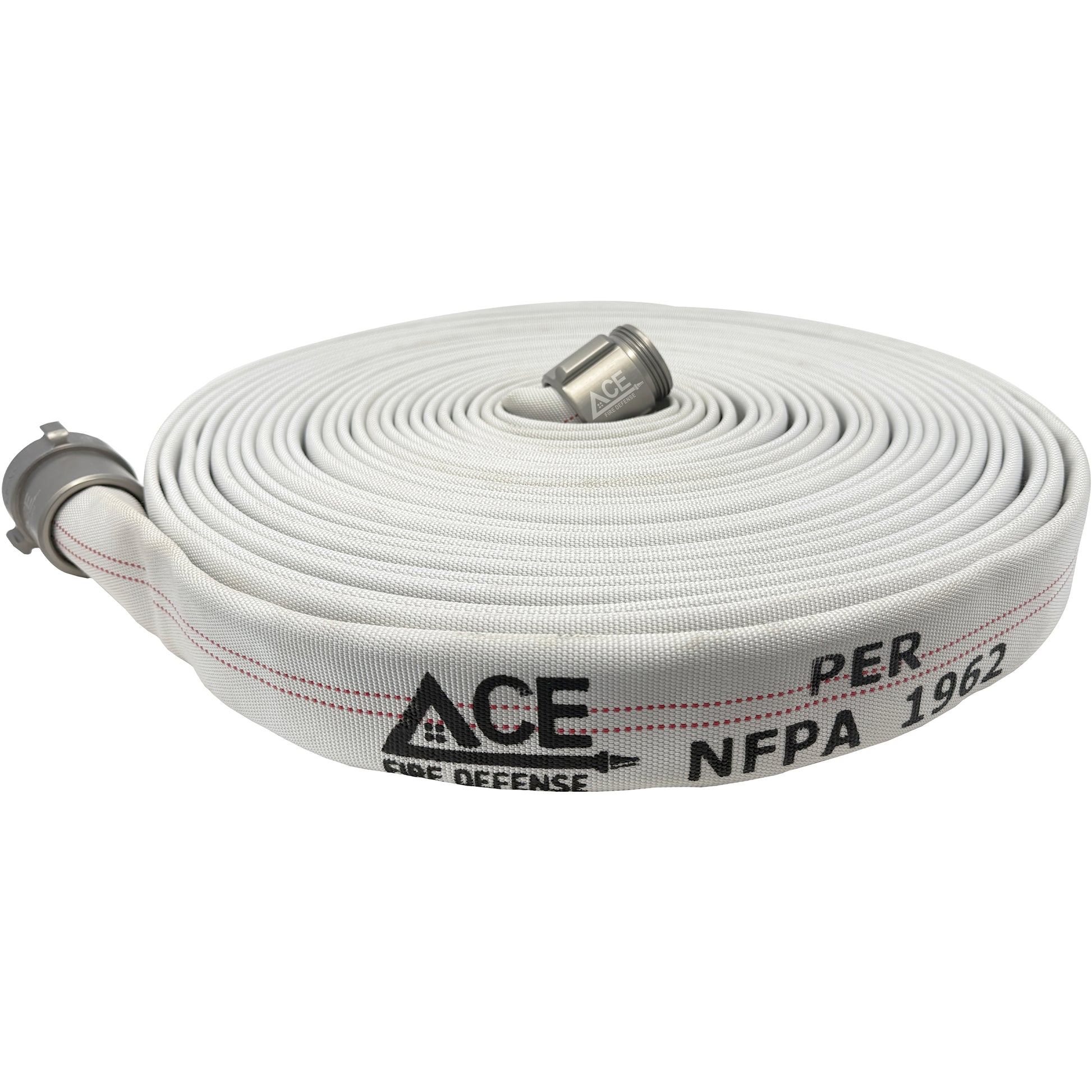 White fire hose with 'ACE Fire Defense' branding on a white background