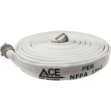 White fire hose with 'ACE Fire Defense' branding on a white background