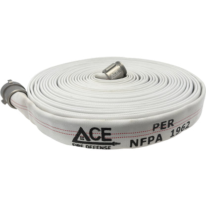 White fire hose with 'ACE Fire Defense' branding on a white background