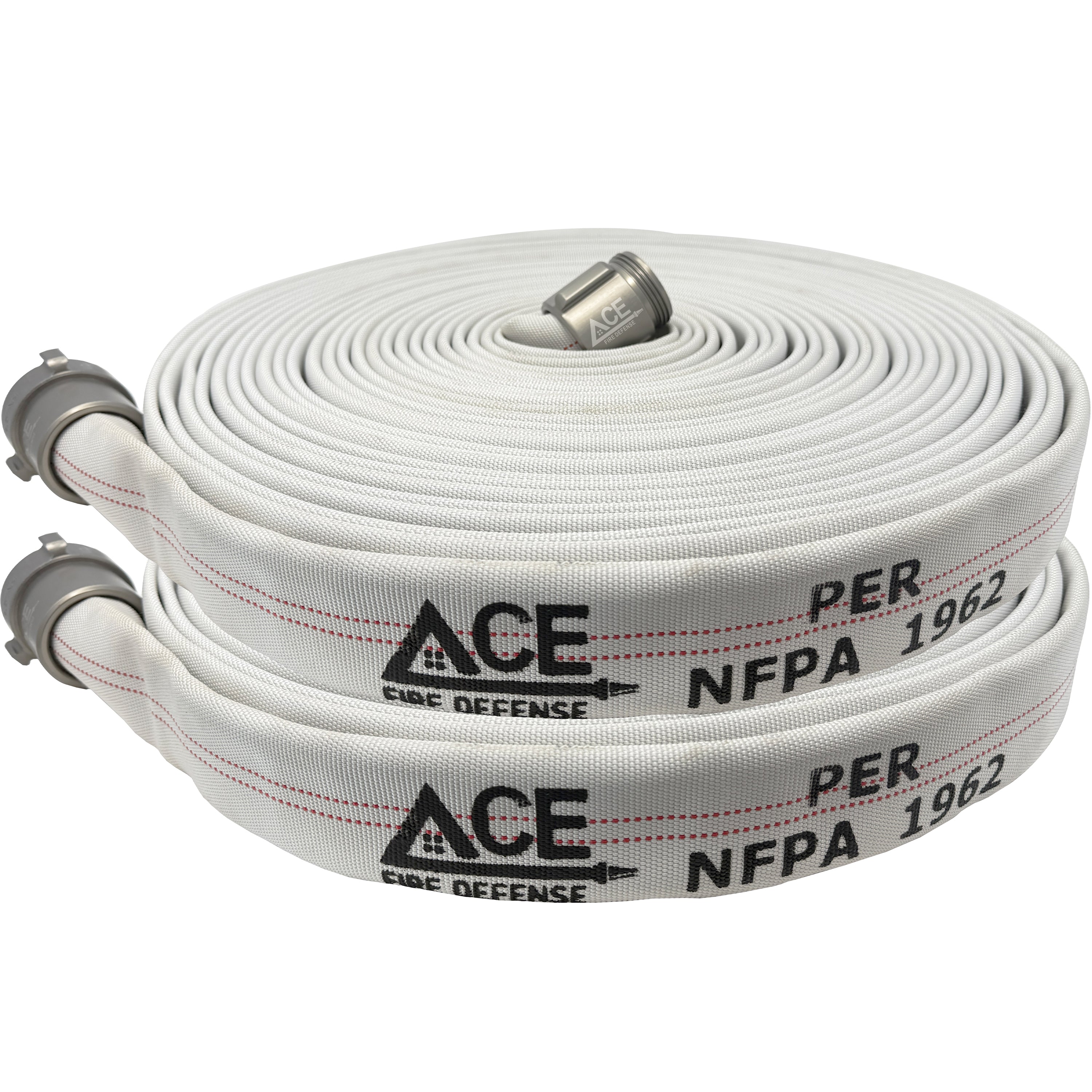 White fire hose with ACE Fire Defense branding and NFPA 1962 certification on a white background