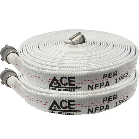 White fire hose with ACE Fire Defense branding and NFPA 1962 certification on a white background