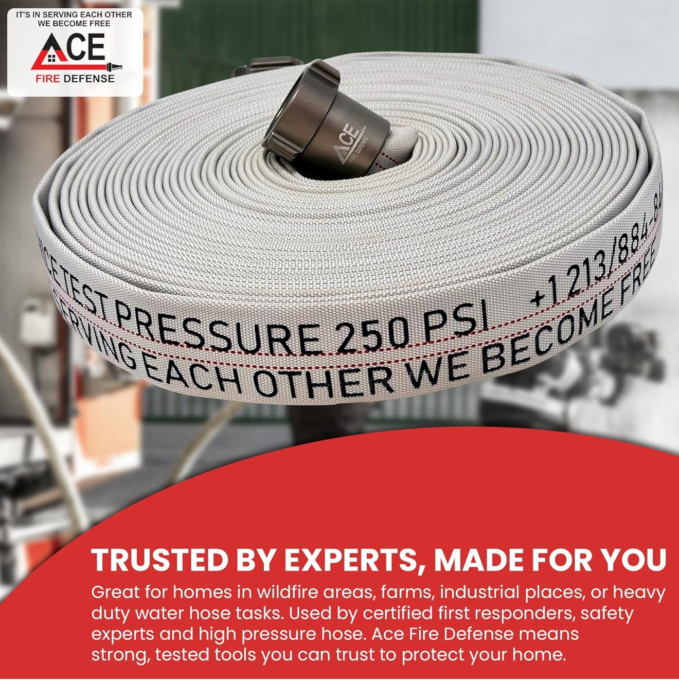Fire hose with text and Ace Fire Defense branding on a blurred background