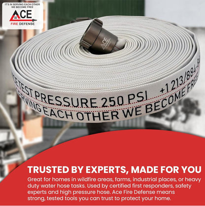 Fire hose with text and Ace Fire Defense branding on a blurred background