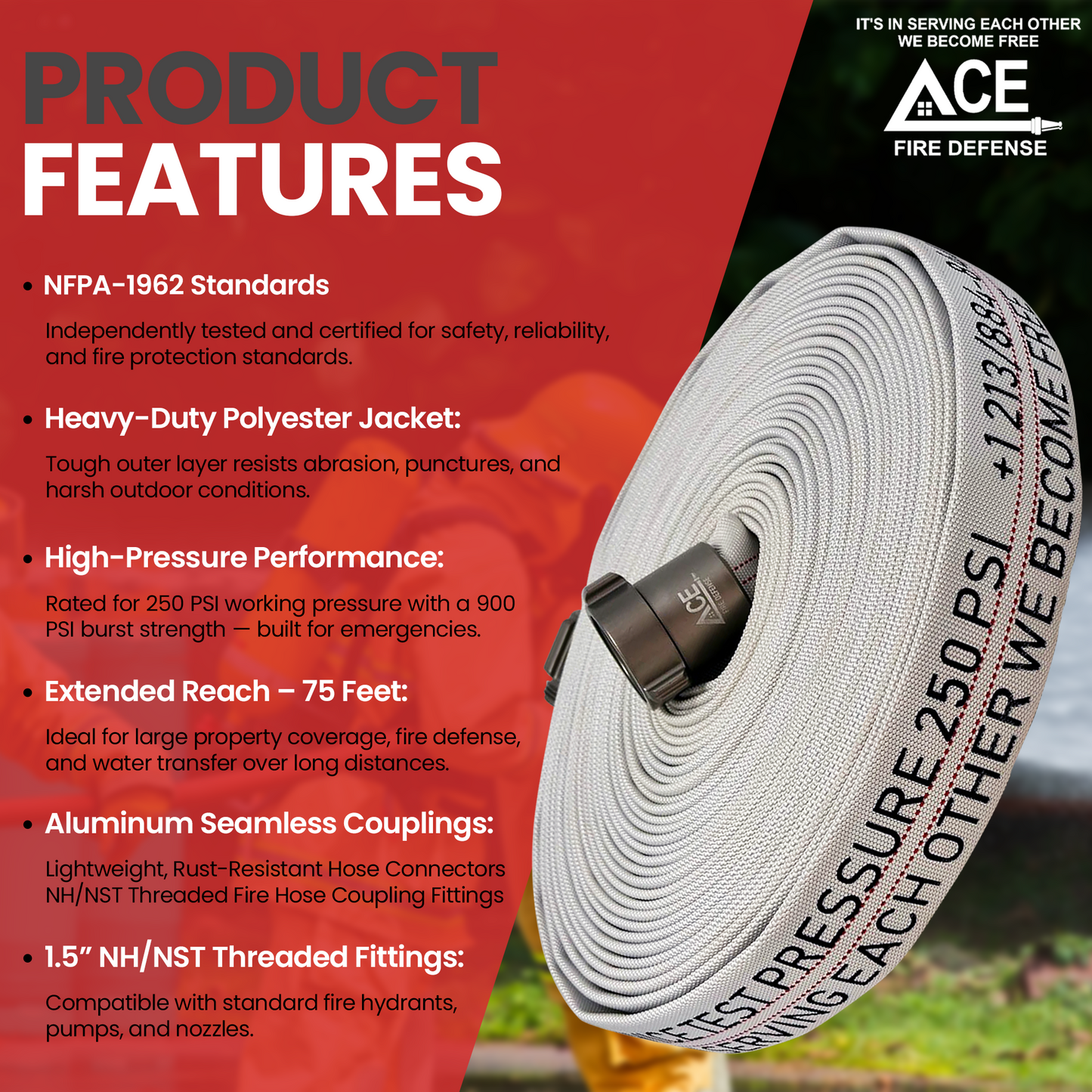 Fire hose with text detailing features on a red background, featuring Ace Fire Defense.