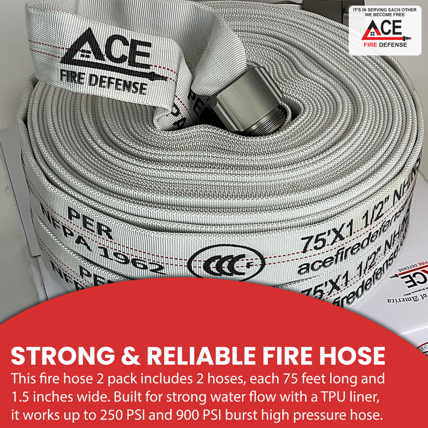 Roll of fire hose with ACE Fire Defense branding on a gray background