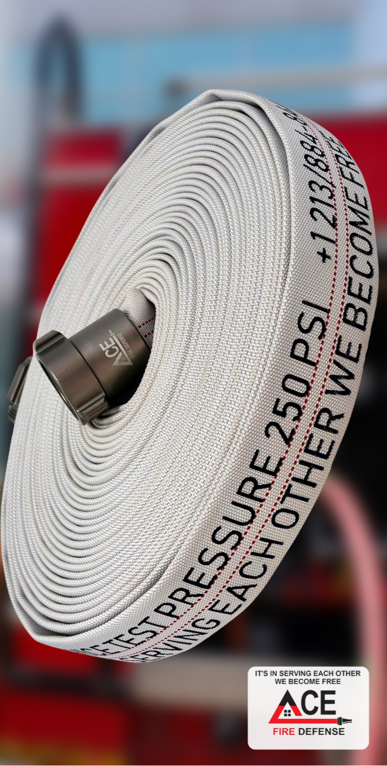 Fire hose with text and ACE Fire Defense logo on a blurred background