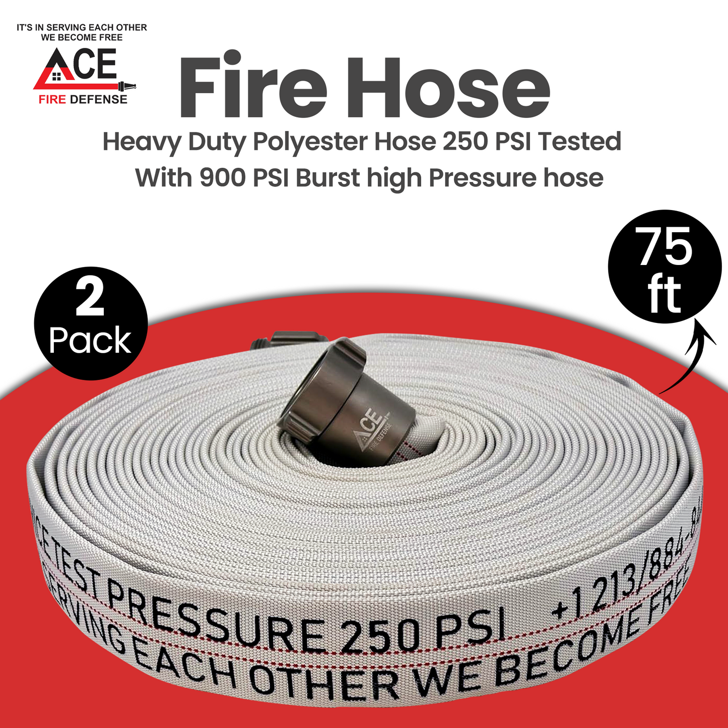 Fire hose with text on a red and white background