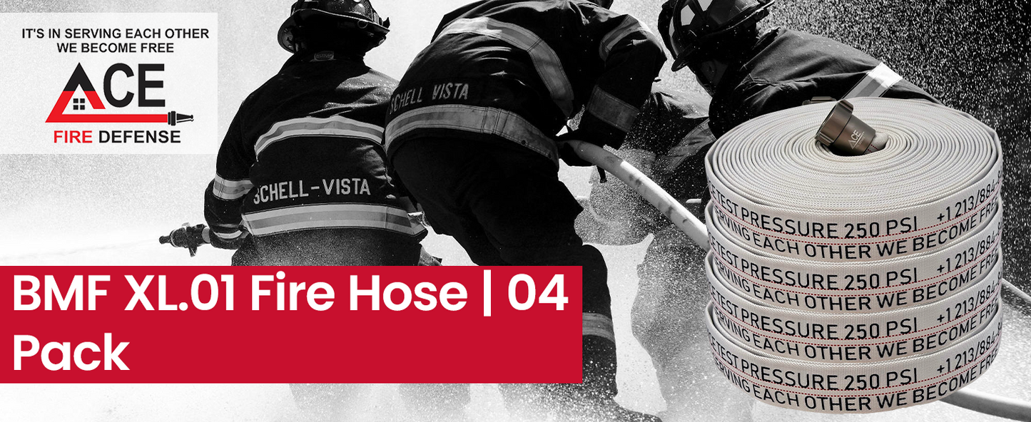 Firefighters using fire hose with ACE Fire Defense branding and text about BMF XL.01 Fire Hose.