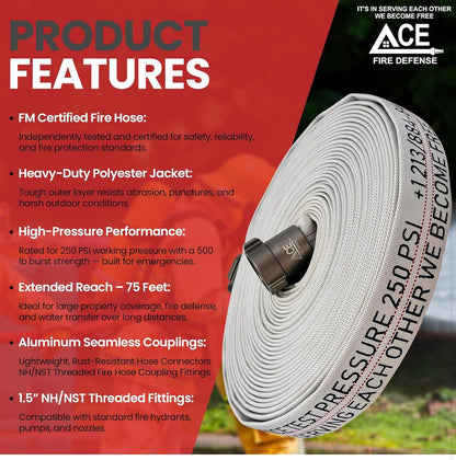Fire hose with features listed on a red background, featuring Ace Fire Defense branding.