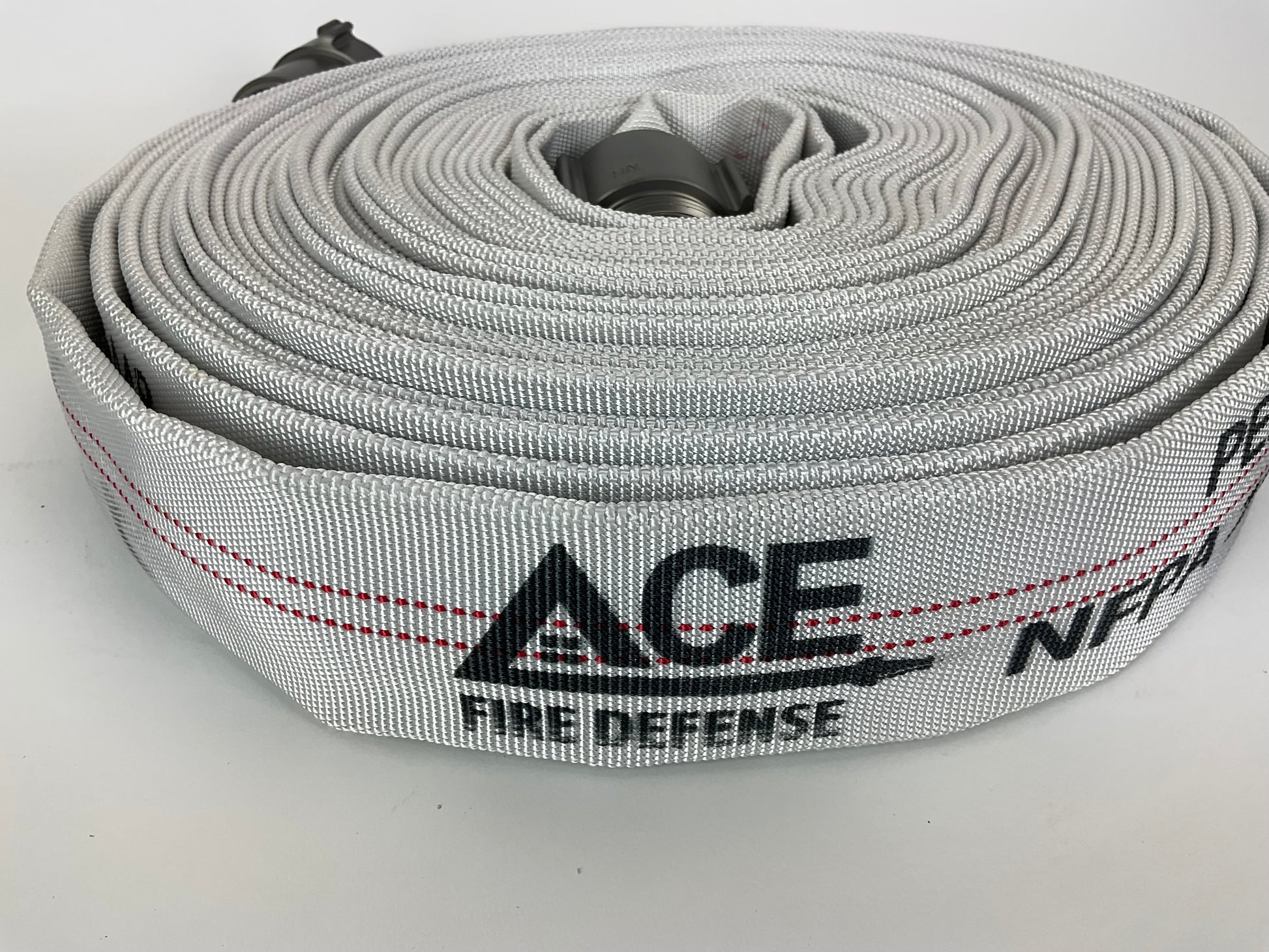 The fire hose with logo ACE FIRE DEFENSE