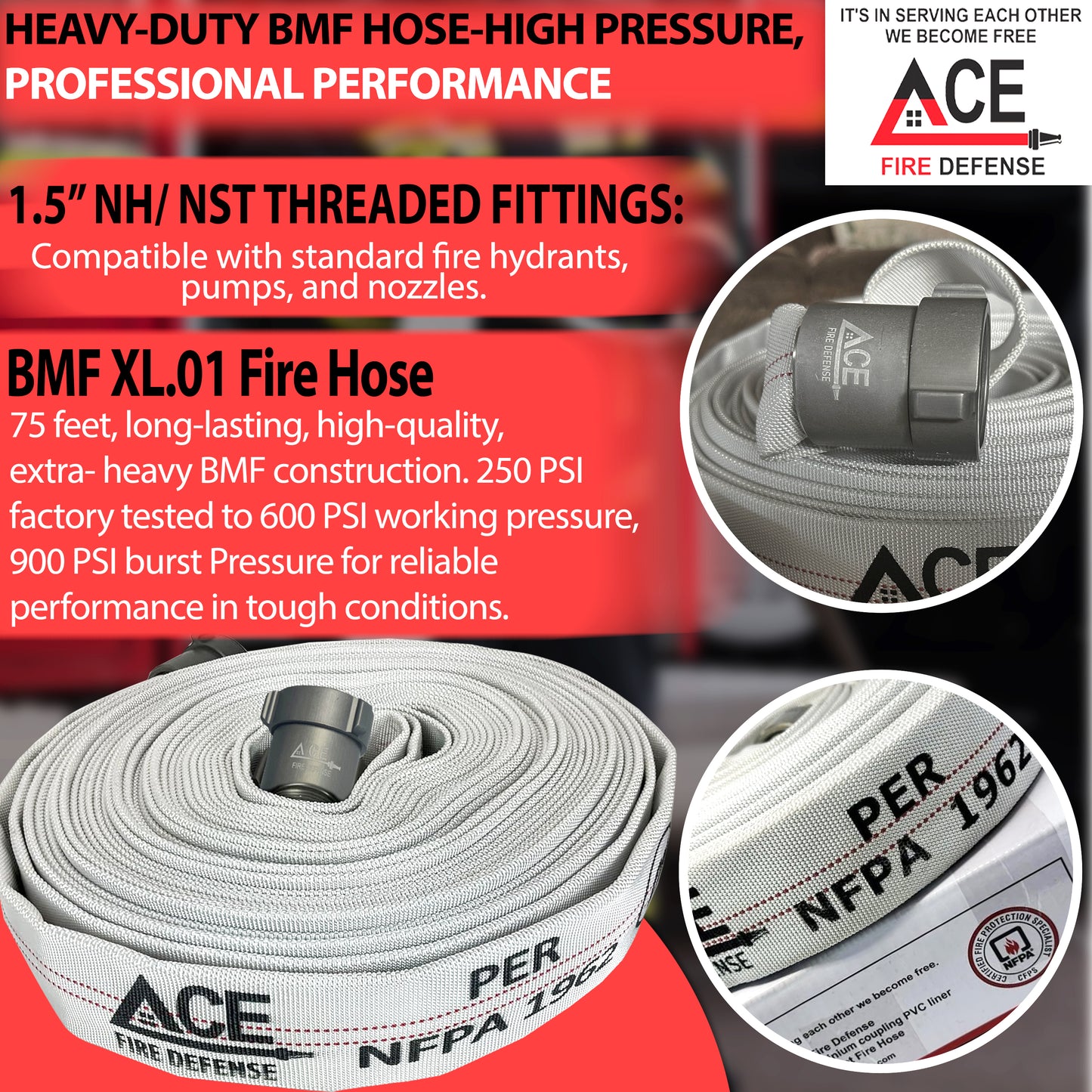 Heavy-duty BMF hose with ACE Fire Defense branding on a red background