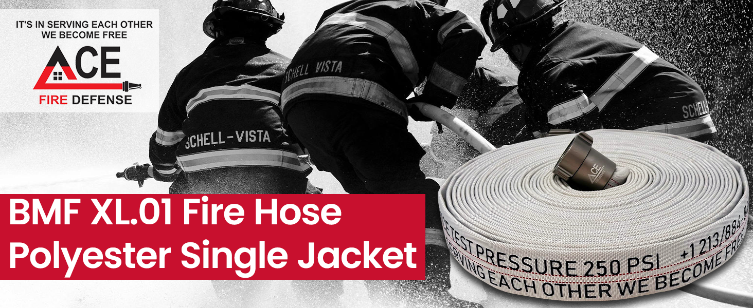 Fire hose with text about ACE Fire Defense and fire hose specifications.
