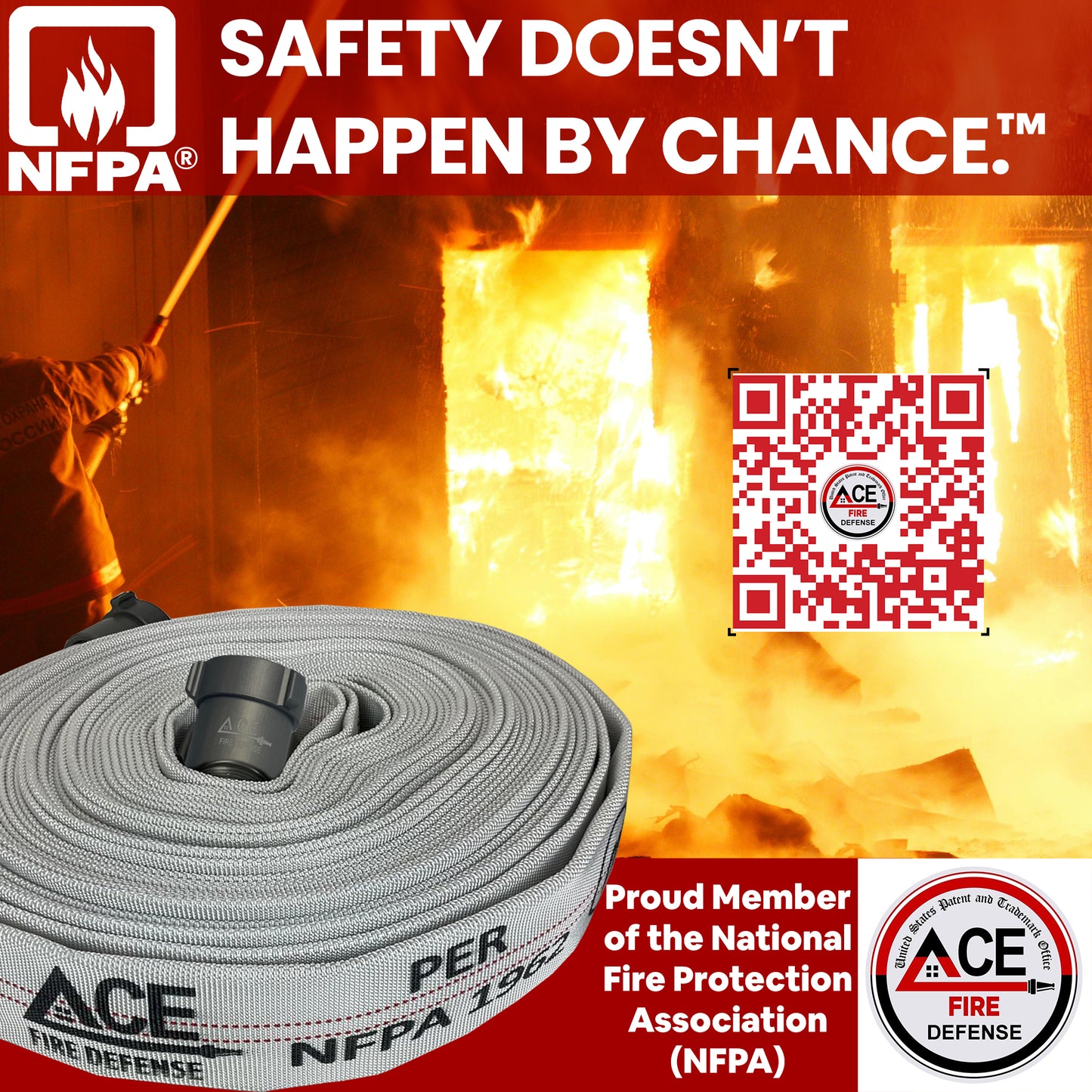 Fire hose with ACE Fire Defense branding against a fiery background, featuring NFPA logo and text.