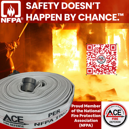 Fire hose with ACE Fire Defense branding against a fiery background, featuring NFPA logo and text.