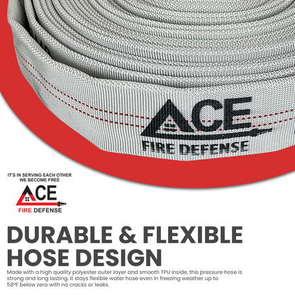 Roll of ACE Fire Defense hose with branding and product description text.