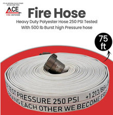 Fire hose with ACE Fire Defense branding on a white background