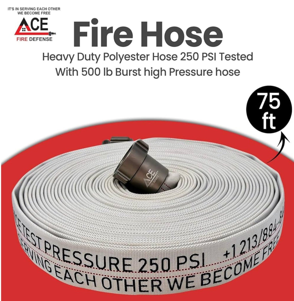 Fire hose with ACE Fire Defense branding on a white background