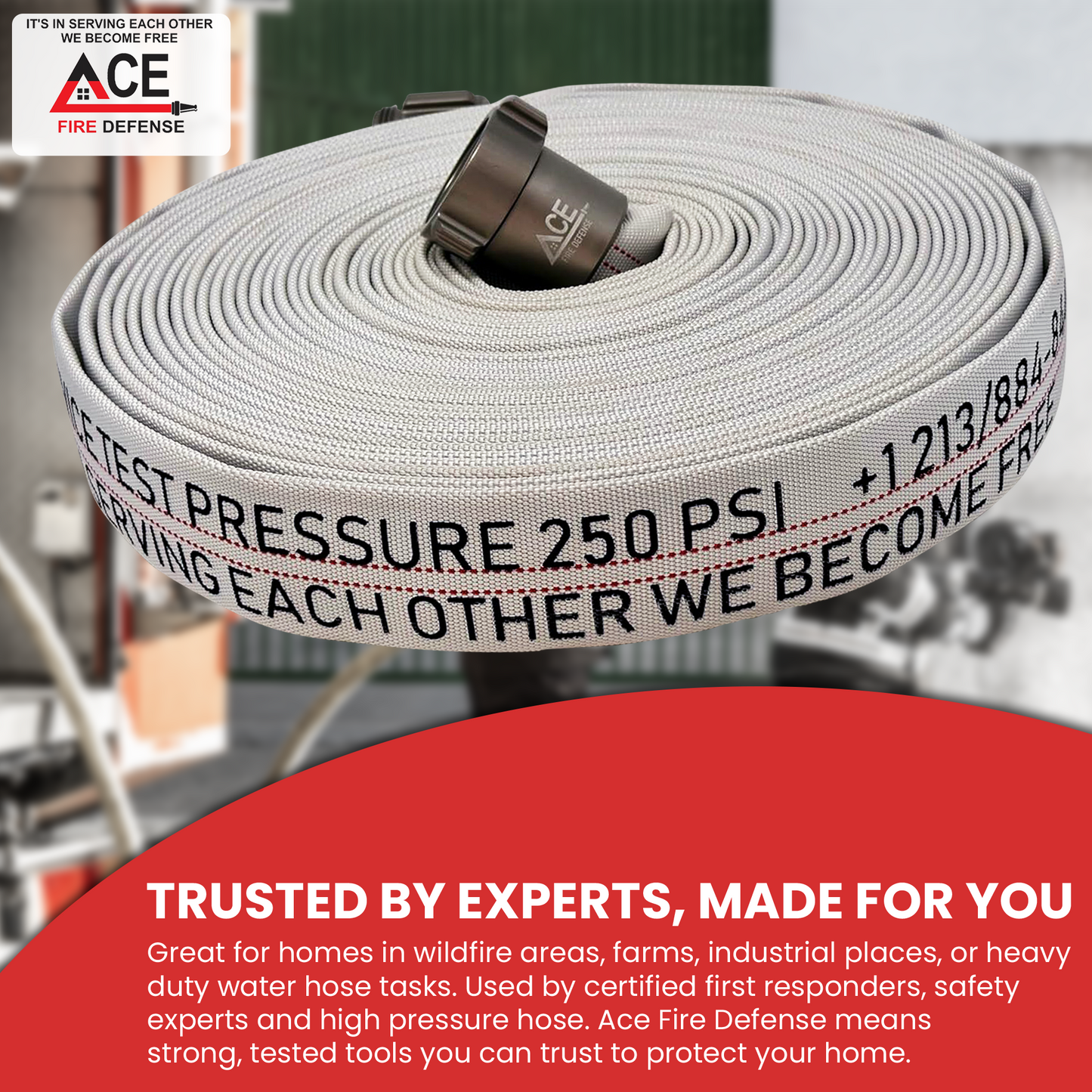 Ace Fire Defense fire hose with text and branding on a blurred background