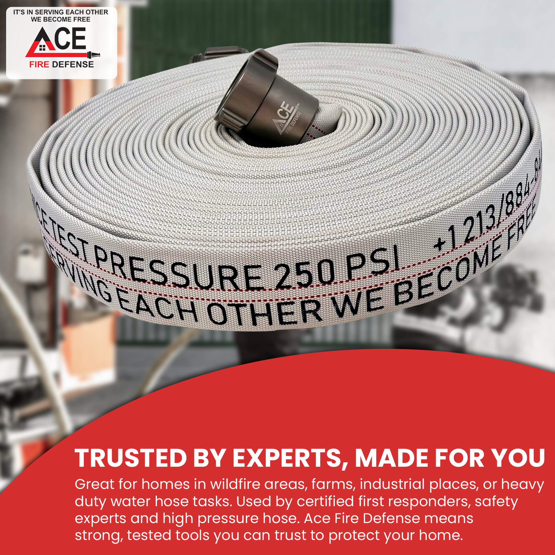 Ace Fire Defense fire hose with text and branding on a blurred background
