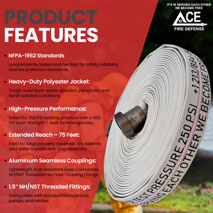 Fire hose with text detailing features on a red background, featuring Ace Fire Defense.