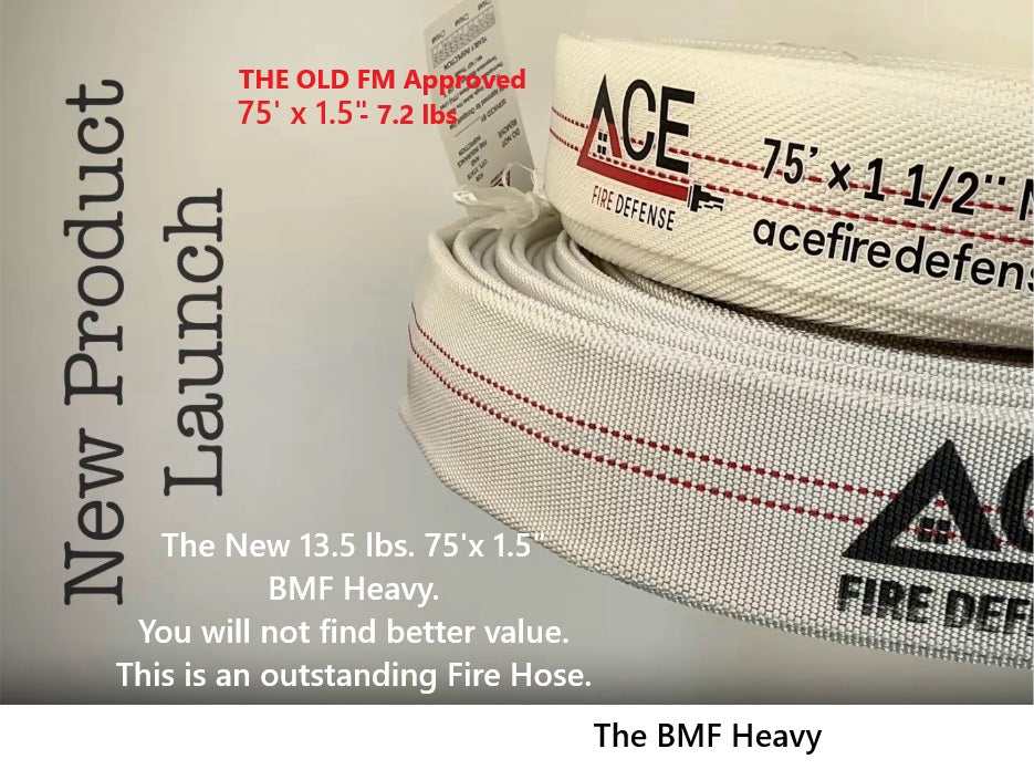 Fire hose with ACE FIRE DEFENSE branding on a gray background