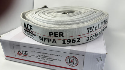 A rolled-up white fire hose with black text indicating the brand and specifications, placed on a white surface with a box in the background.