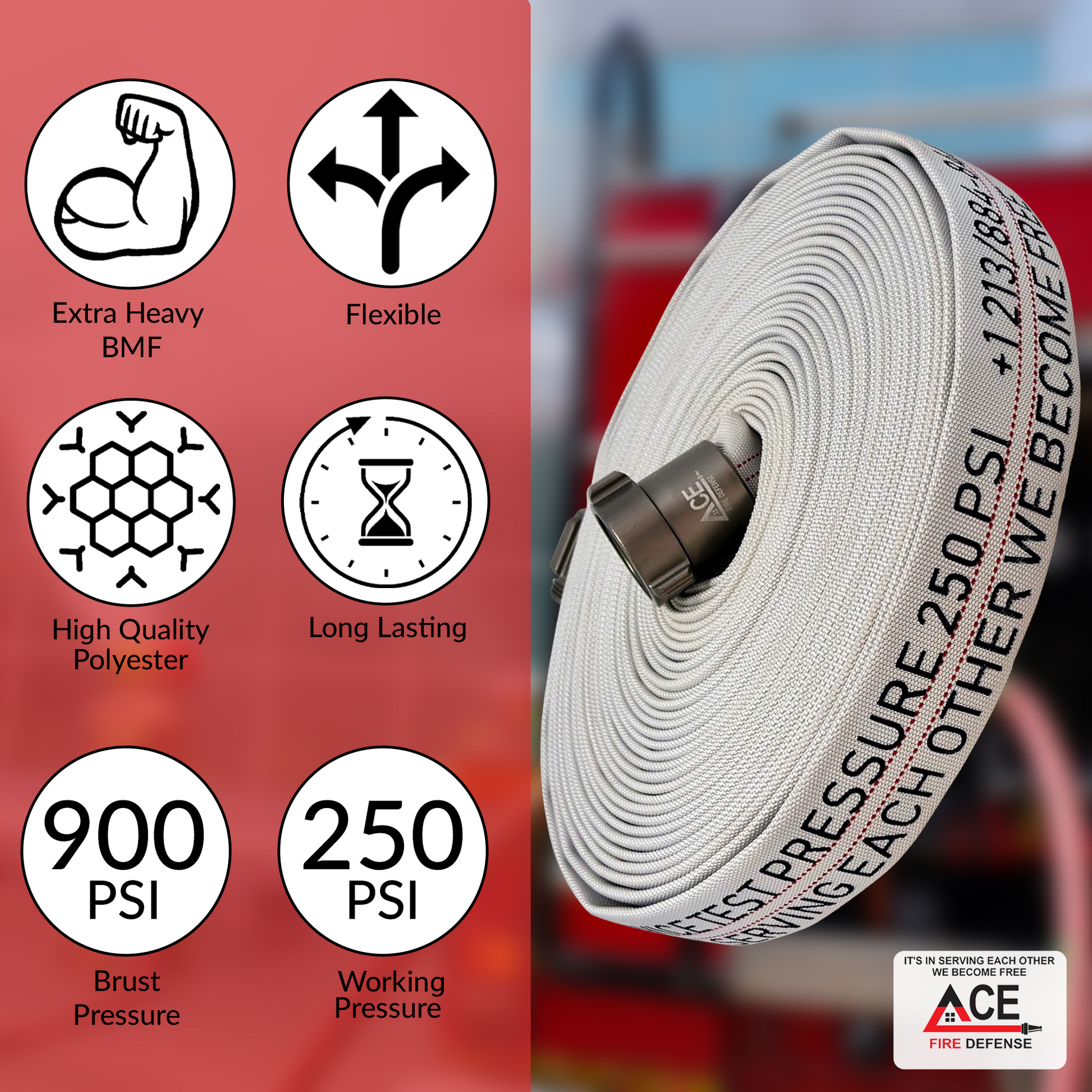 Fire hose with specifications on a red background