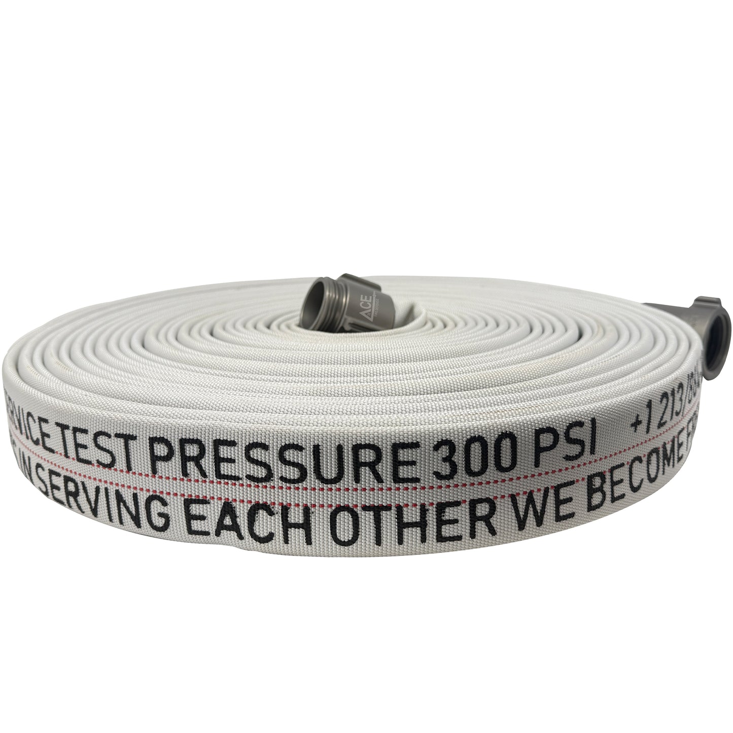 White fire hose with text and pressure rating on a white background