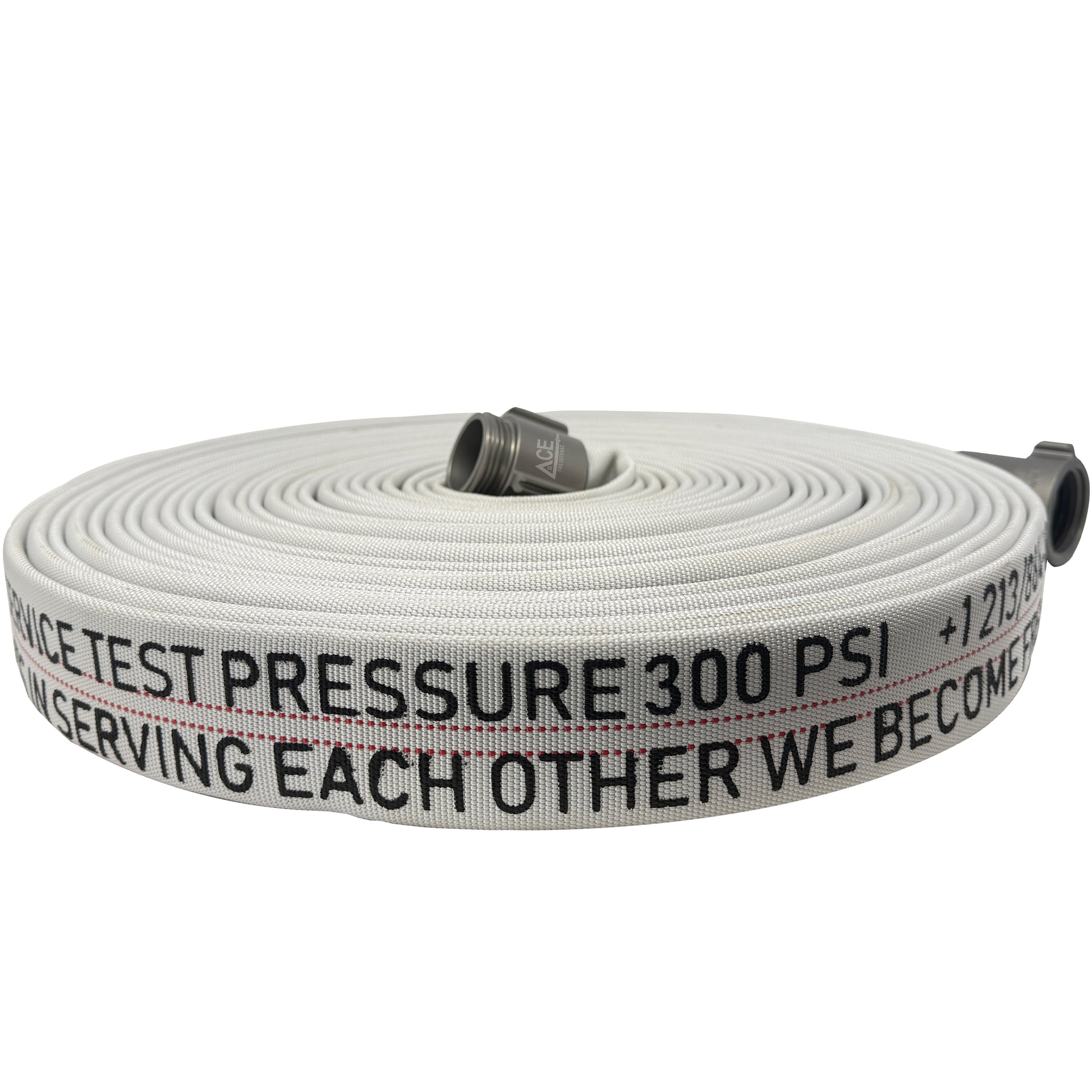 White fire hose with text and pressure rating on a white background