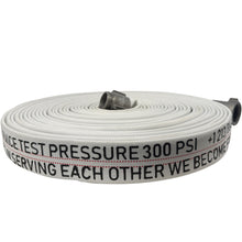 White fire hose with text and pressure rating on a white background