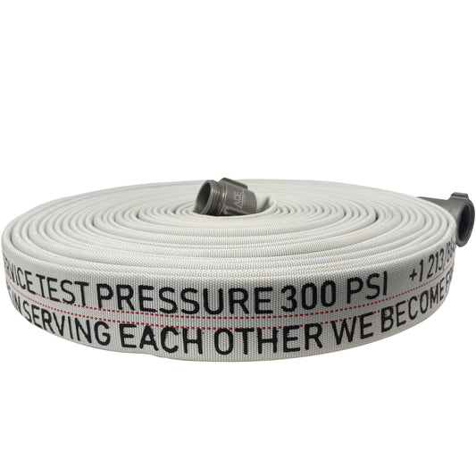White fire hose with text and pressure rating on a white background