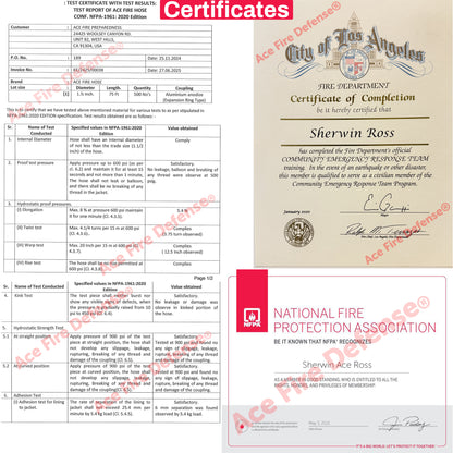 Collection of certificates and documents related to fire safety and training, including a certificate from the City of Los Angeles Fire Department and a National Fire Protection Association (NFPA) document.