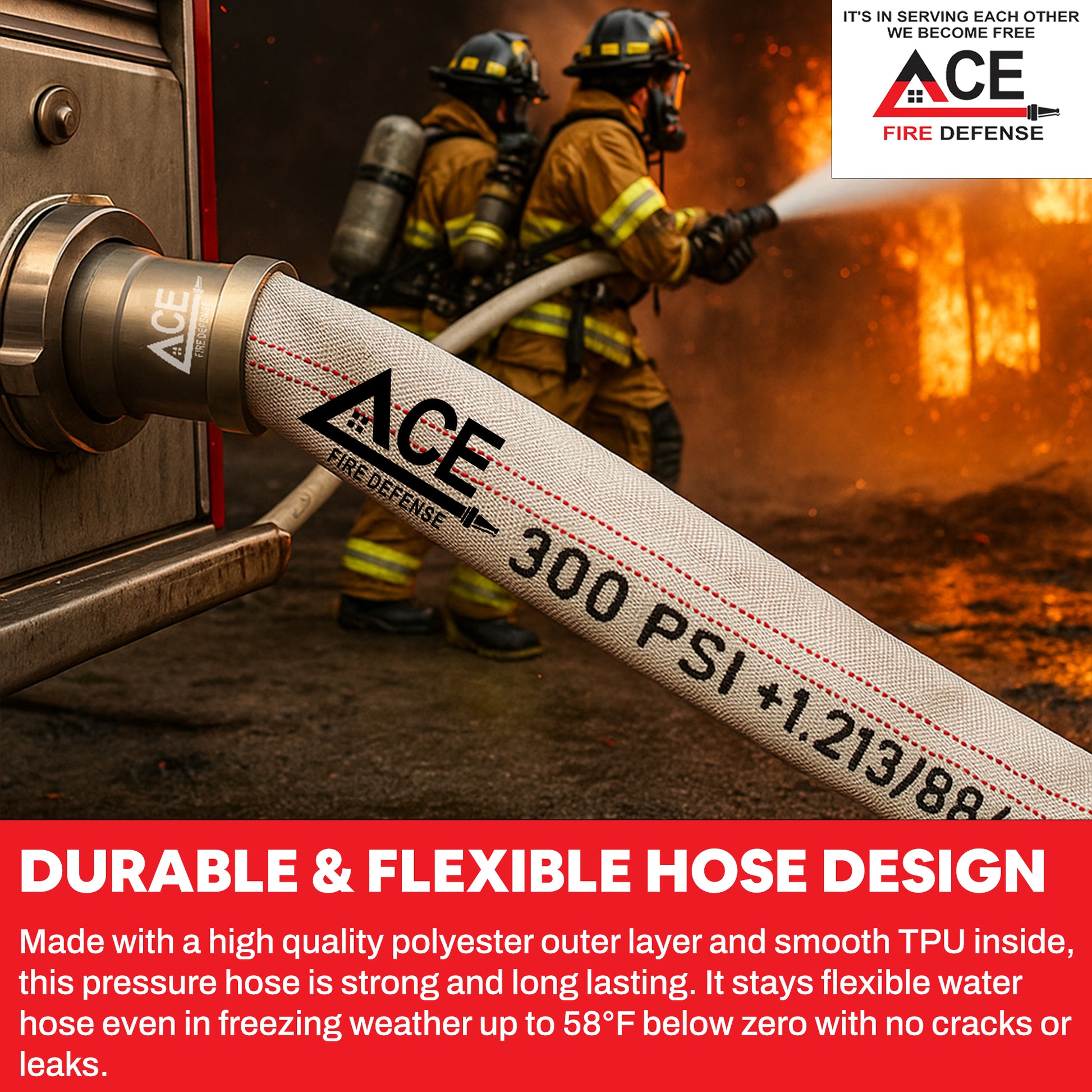 Fire hose with ACE Fire Defense branding and firefighters in the background
