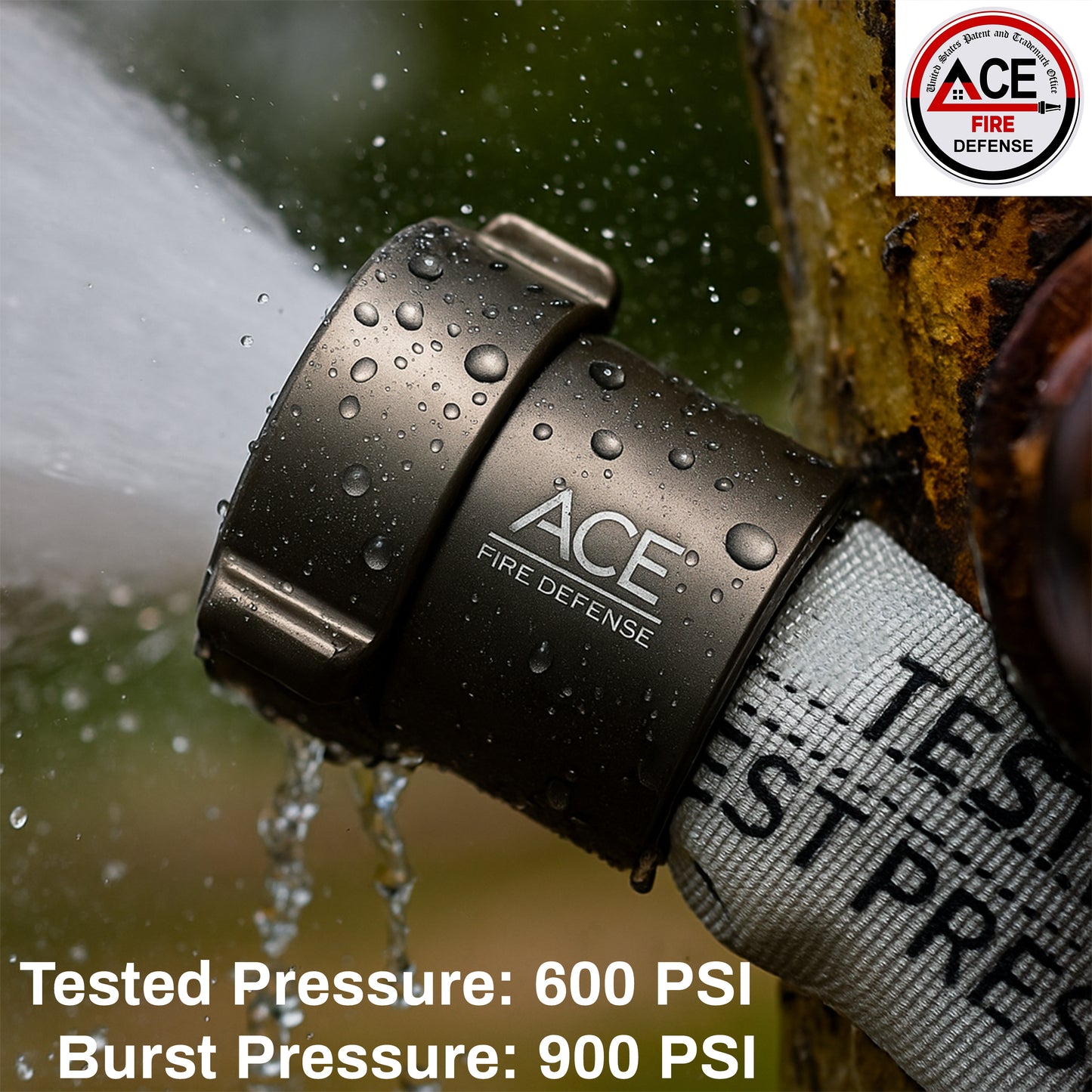 ACE Fire Defense hose nozzle with water spraying out, labeled with tested and burst pressure details.