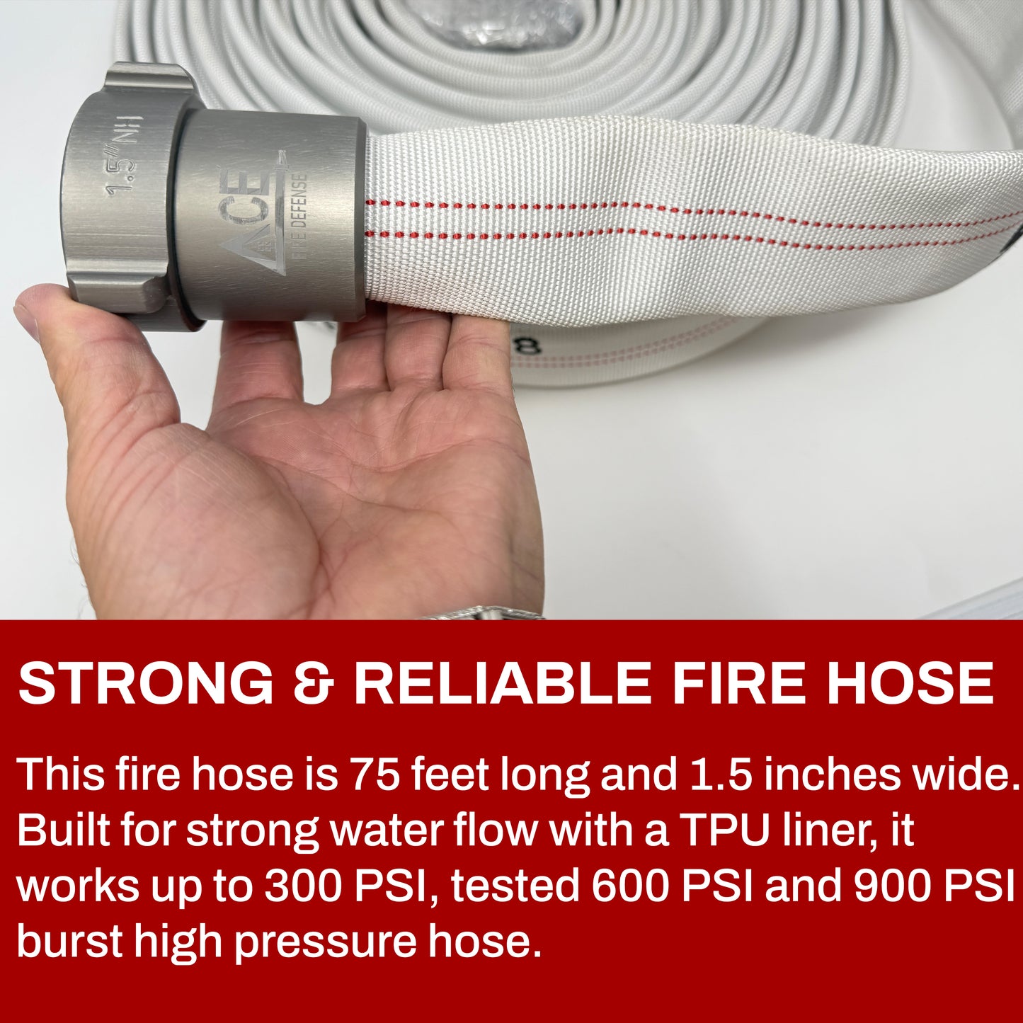 Hand holding a fire hose with text about its strength and reliability