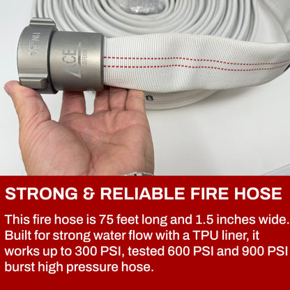 Hand holding a fire hose with text about its strength and reliability