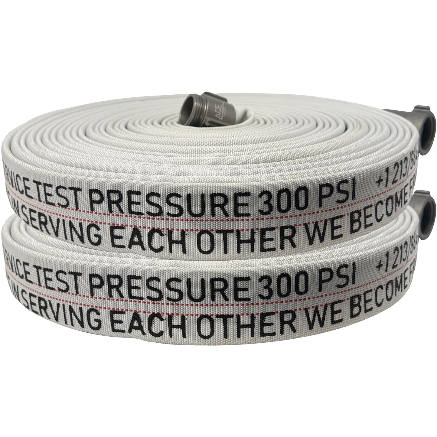 White fire hose with text and pressure rating on a white background