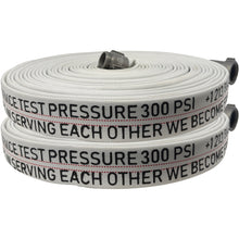 White fire hose with text and pressure rating on a white background