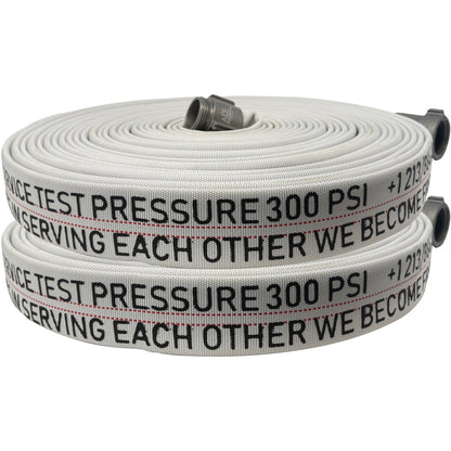White fire hose with text and pressure rating on a white background