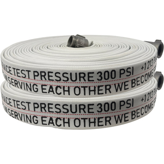 White fire hose with text and pressure rating on a white background