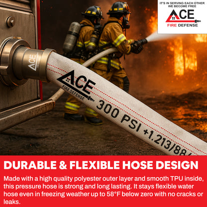 Fire hose with ACE Fire Defense branding and text about durability and flexibility, with firefighters in the background.
