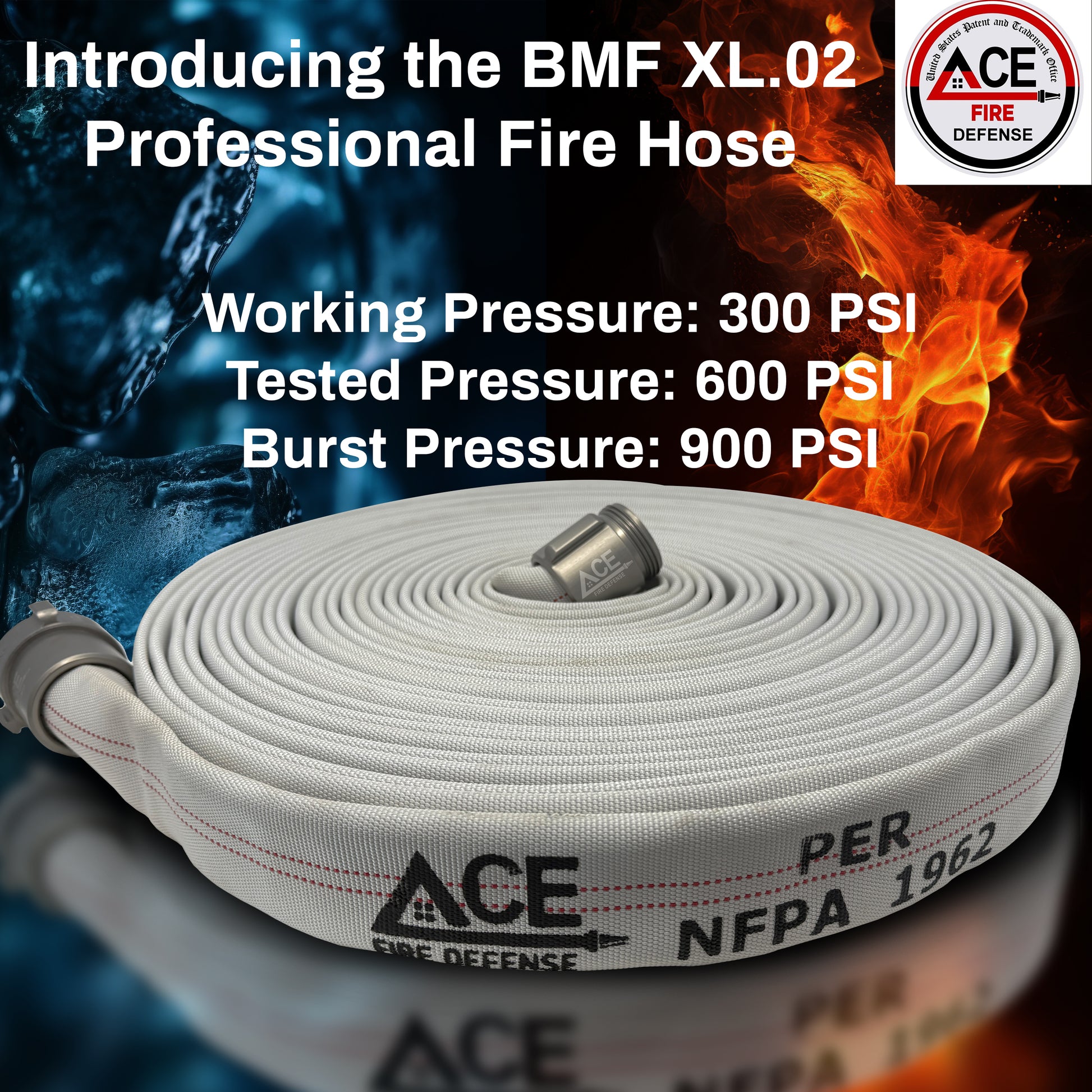 White fire hose with text about its specifications and certifications on a background of water and fire.